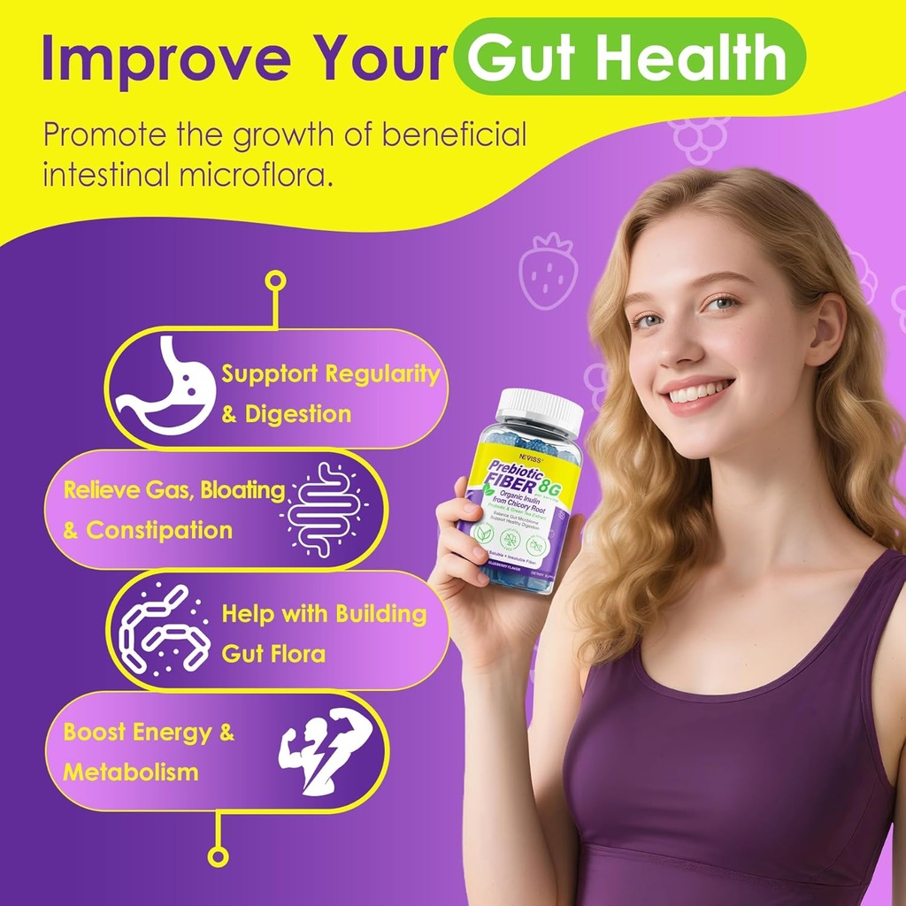 Fiber Gummies for Adults 8g (Inulin, Psyllium Husk, FOS More) with Probiotics, Green Tea Extract, Sugar Free Plant Based Fiber Supplement Blend for Digestive Health, Regularity, Non-GMO, Vegan, 120Cts 5