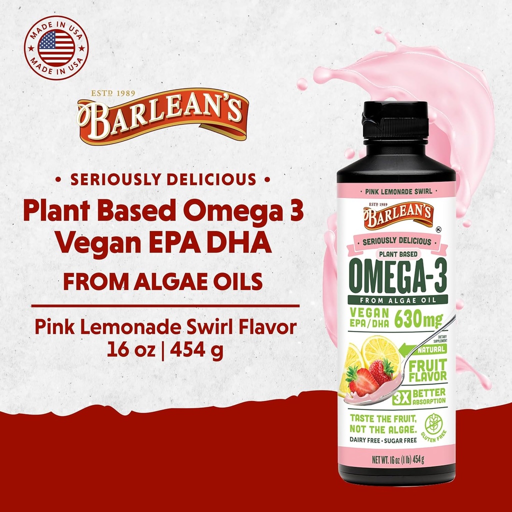 Barlean's Pink Lemonade Vegan Omega 3 Supplement, Liquid Algae Oil with 630 mg EPA & DHA, Plant Based Omegas from Algal Oil, Non-GMO & Gluten Free, 16 oz 3