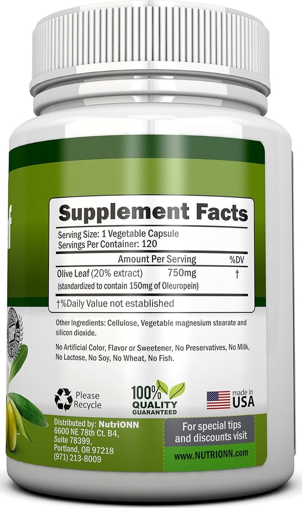 Olive Leaf Extract - 750 Mg - 120 Capsules - Extra Strength - 20% Oleuropein - Non-GMO Formula - Premium Quality From Pure Olive Leaves - Powerful Antioxidant - Great for Heart, Skin and Brain 5