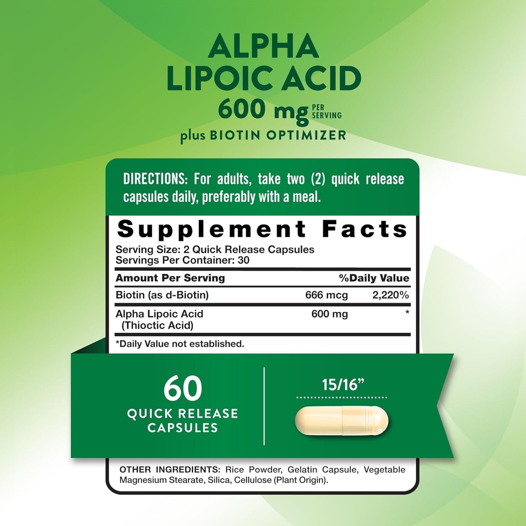Nature's Truth Alpha Lipoic Acid 600mg | plus Biotin Optimizer | 60 Capsules | Non-GMO & Gluten Free Supplement 3