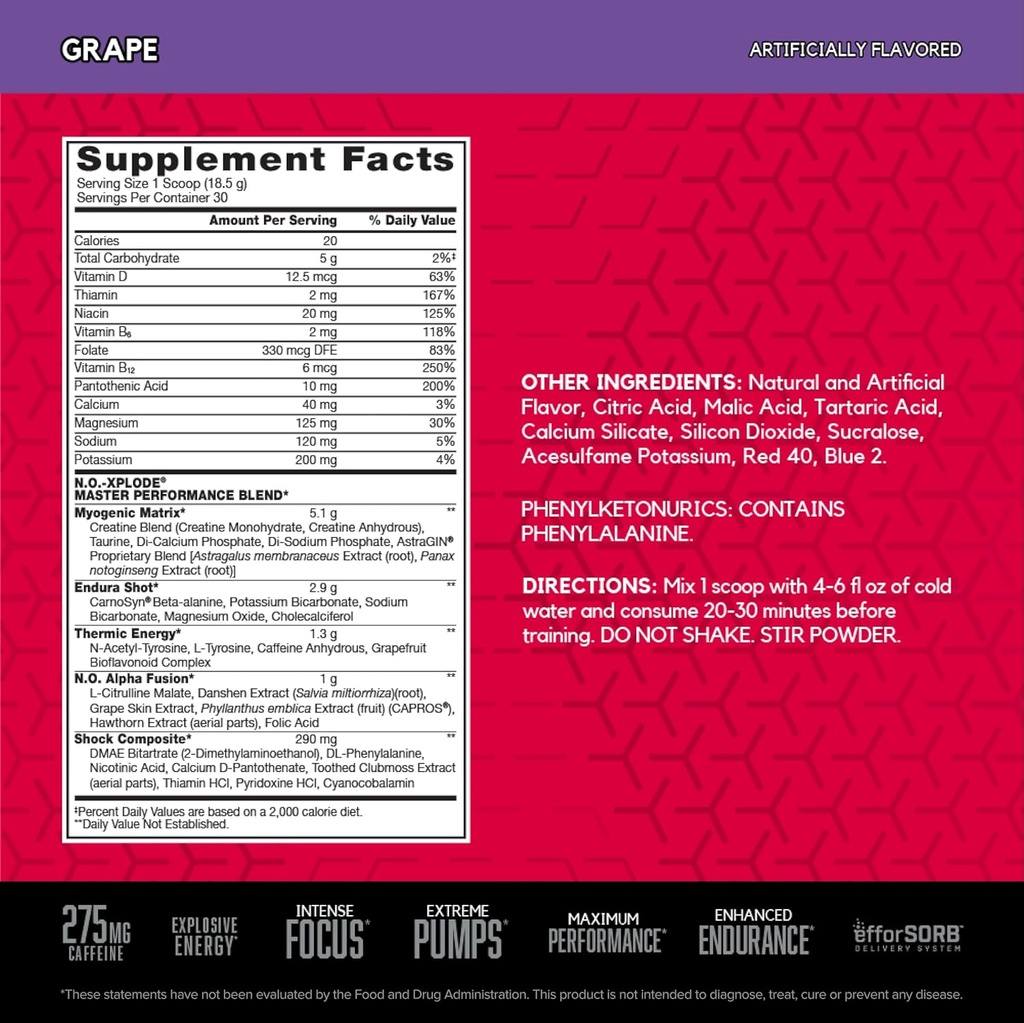 BSN N.O.-XPLODE Pre Workout Powder, Energy Supplement for Men and Women with Creatine and Beta-Alanine, Flavor: Grape, 30 Servings 4