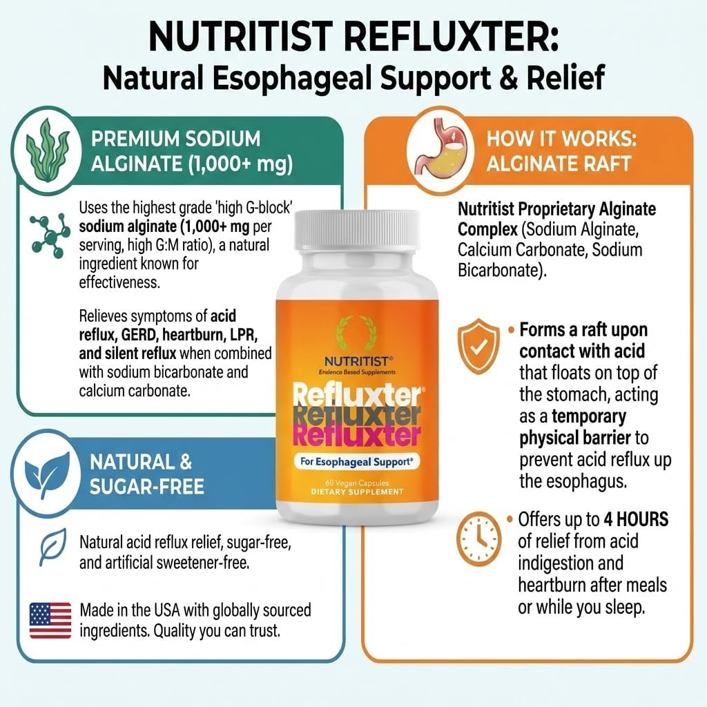 Refluxter Sodium Alginate Capsules – Natural Acid Reflux & GERD Relief Supplement. Supports LPR, Silent Reflux, Heartburn, Indigestion. Alginate Therapy. Alginato de sodio. 60 Vegan Capsules 5