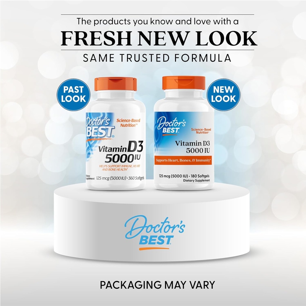 Doctor's Best Vitamin D3 5000IU, Non-GMO, Gluten & Soy Free, Regulates Immune Function, Supports Healthy Bones, White, No Flavour, 180 Count 3