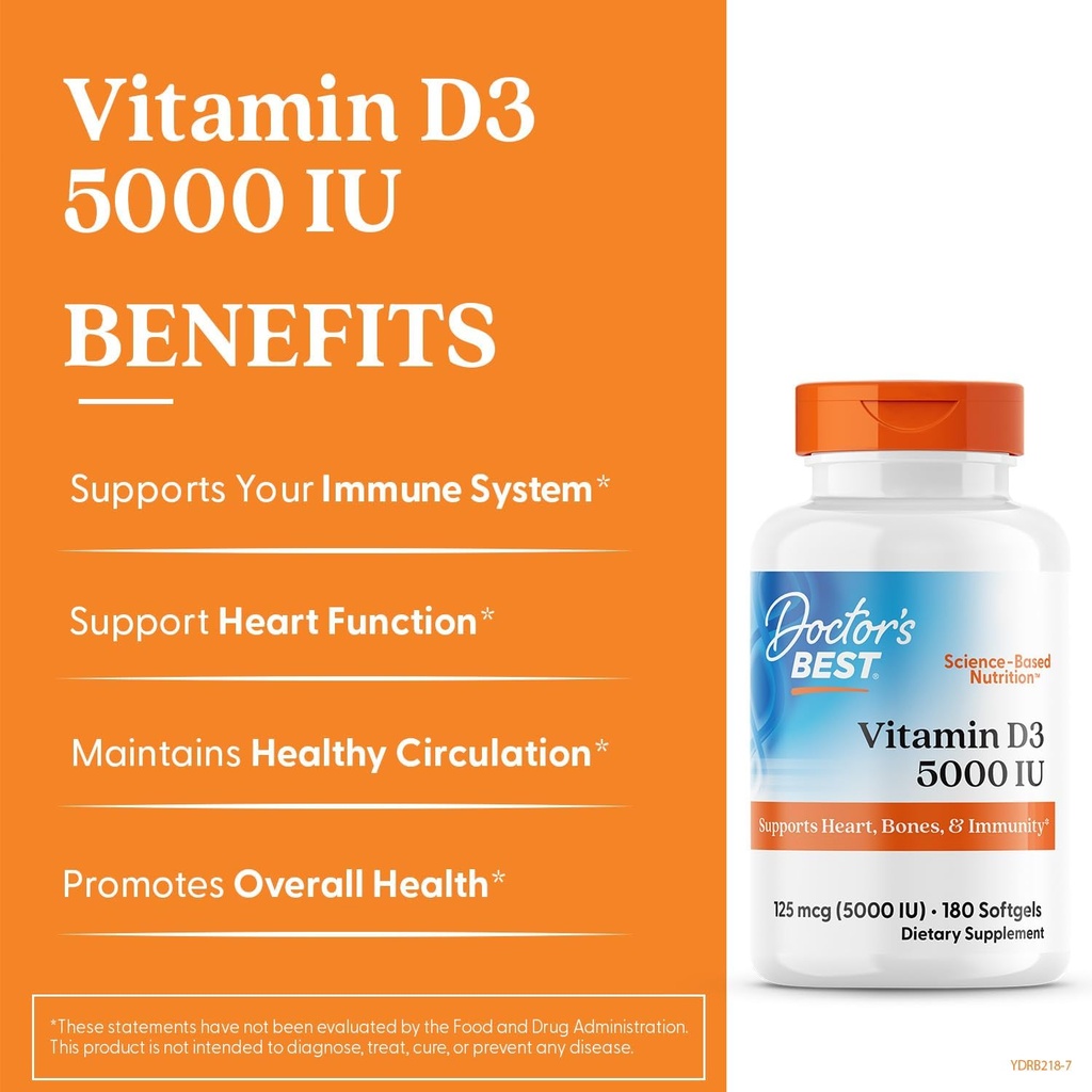 Doctor's Best Vitamin D3 5000IU, Non-GMO, Gluten & Soy Free, Regulates Immune Function, Supports Healthy Bones, White, No Flavour, 180 Count 4