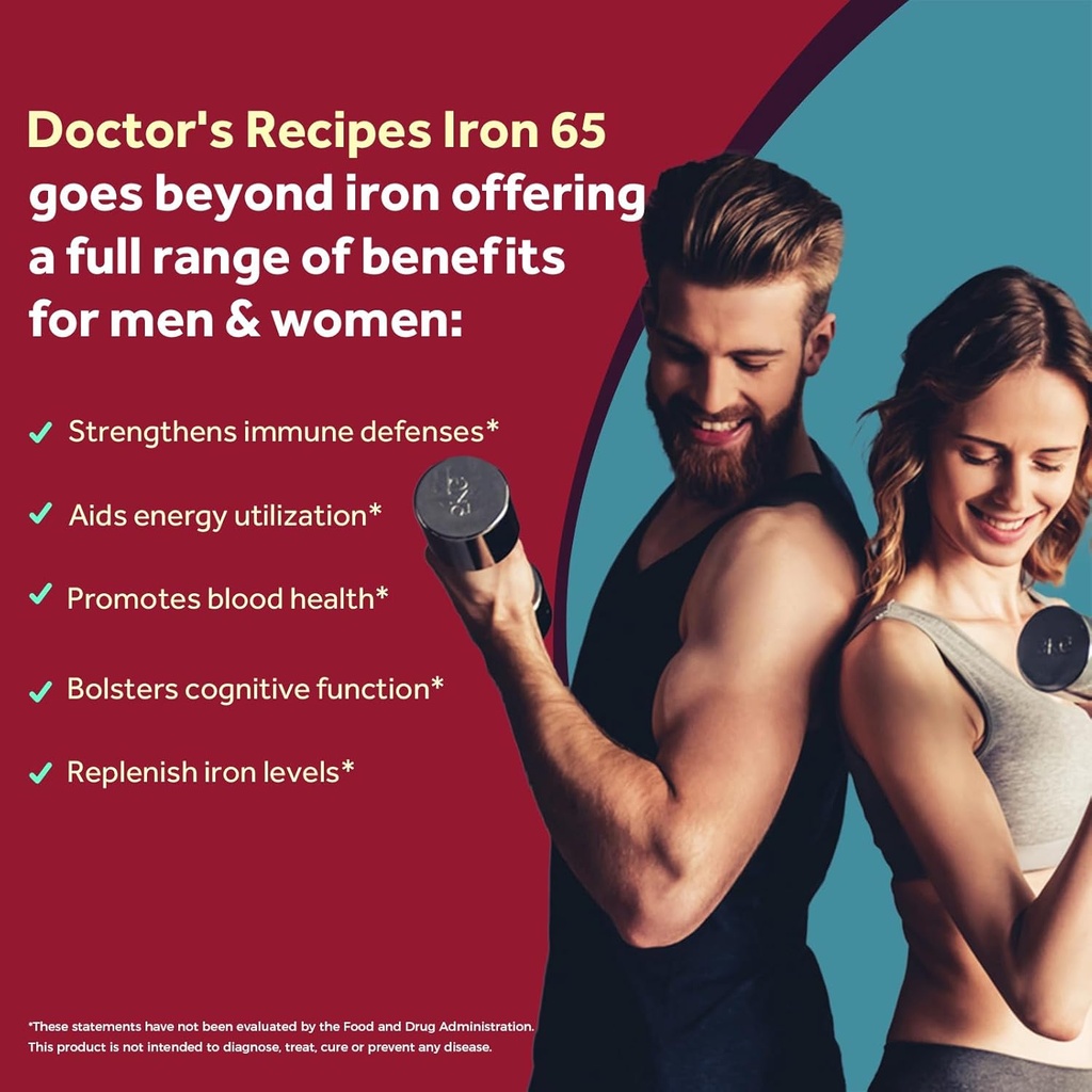Doctor's Recipes Iron Supplement 65 mg with Vitamin C - Maximized Absorption & Stomach Friendly Iron Pills for Red Blood Cells Formation, Heart, Brain & Immunity Health - Vegan Non-GMO 30 Iron Tablets 4