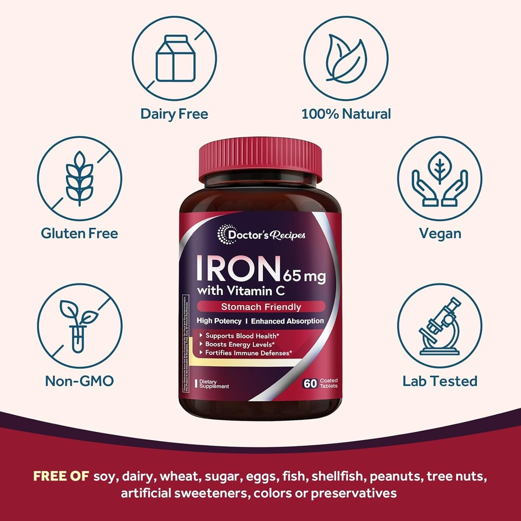 Doctor's Recipes Iron Supplement 65 mg with Vitamin C - Maximized Absorption & Stomach Friendly Iron Pills for Red Blood Cells Formation, Heart, Brain & Immunity Health - Vegan Non-GMO 30 Iron Tablets 5