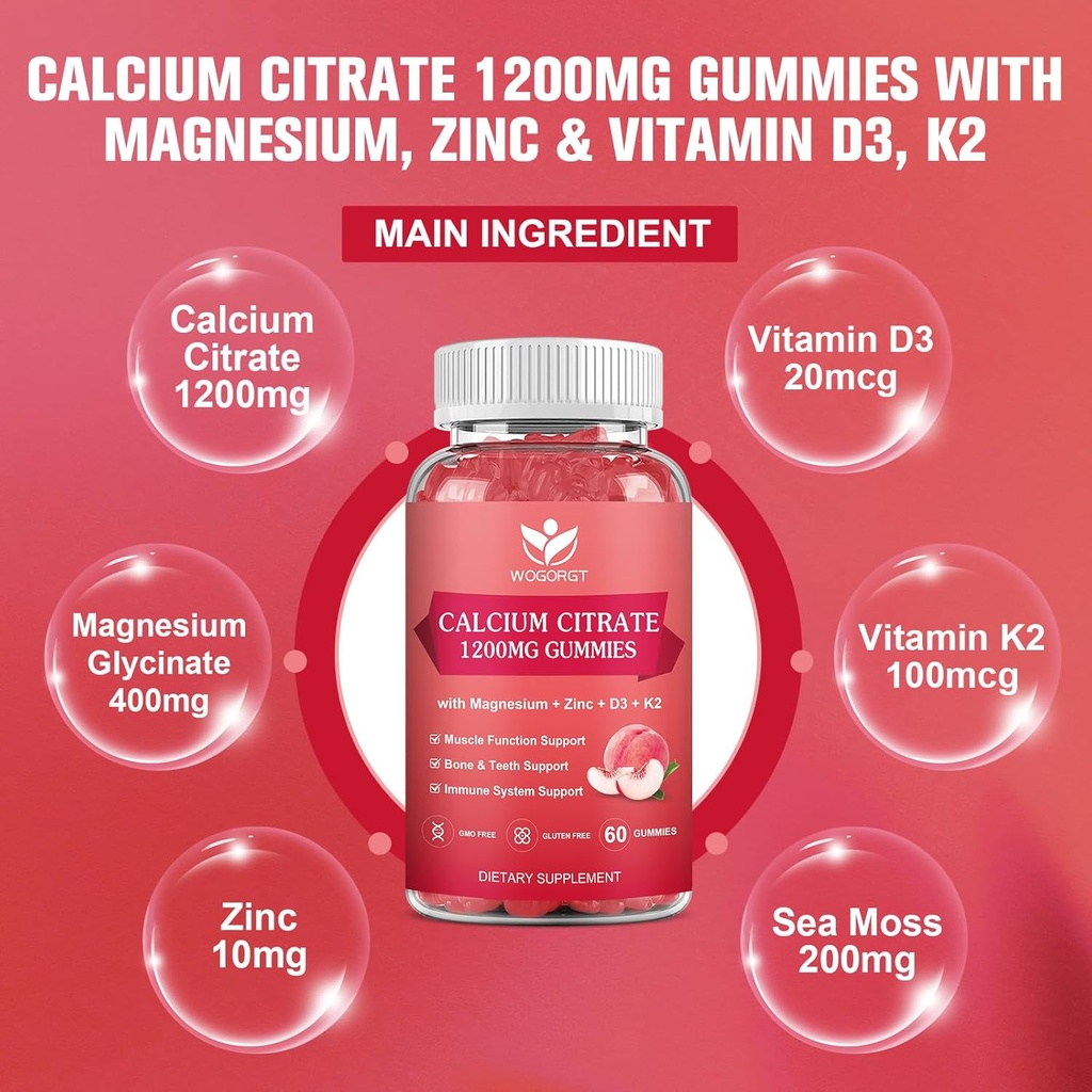 Calcium Citrate 1200mg Gummies with Vitamin D3, K2 - Chewable Calcium Magnesium Zinc d3 Supplement with Sea Moss Extract for Bone, Teeth, Immune Support for Women & Men, Peach Flavor-60 Gummies(2Pack) 4