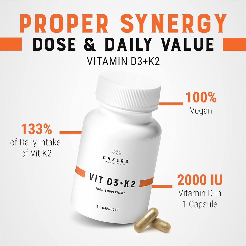 CHEERS Vitamin D3 K2 Supplement | 2000 IU Algae-D3 + 133% Daily Intake K2 MK-7 | Science-Backed Vita-Algae D® & VitaMK7® | Vegan, Non-GMO | No Fillers, Additives or Preservatives | 60 Capsules 3