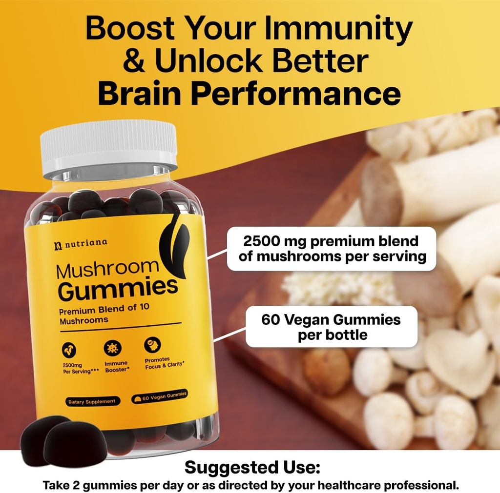 Nutriana Mushroom Gummies Supplement - Focus Gummies with Lions Mane, Shiitake, Turkey Tail, Chaga & Cordyceps - Brain Supplements for Memory and Focus - 60 Immune Support Gummies 4