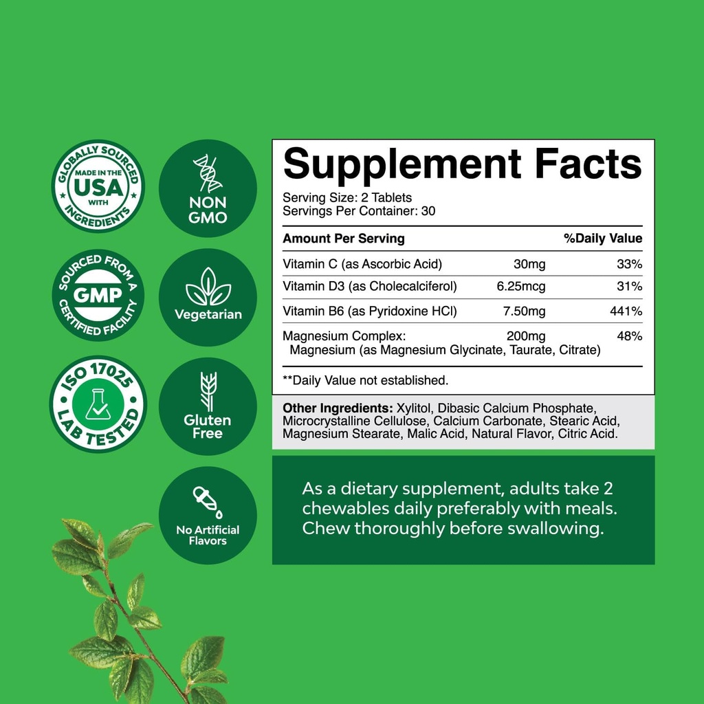 Sugar Free Magnesium Glycinate Chewable - Chewable Magnesium for Adults & Kids with Glycinate Taurate & Citrate Complex Plus Vitamins D3 B6 & C - Vegetarian Non-GMO & No Artificial Flavors (90 Day) 4