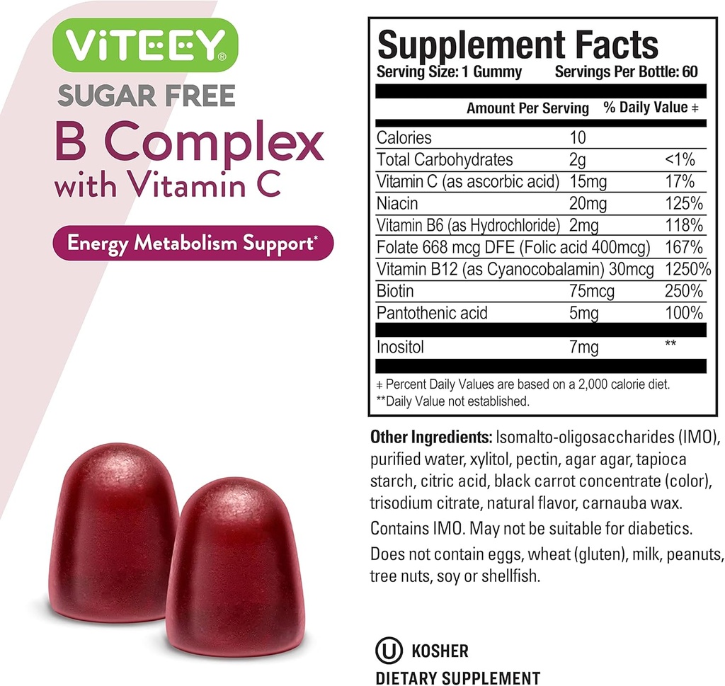 VITEEY Vitamin B Complex Gummies with Vitamin C, Sugar Free - Energy, Metabolism & Nerve Health - B6, B12, Folic Acid, Biotin - Vegan, Gelatin Free, GMO Free - Tasty Chewable Strawberry Flavored Gummy 5