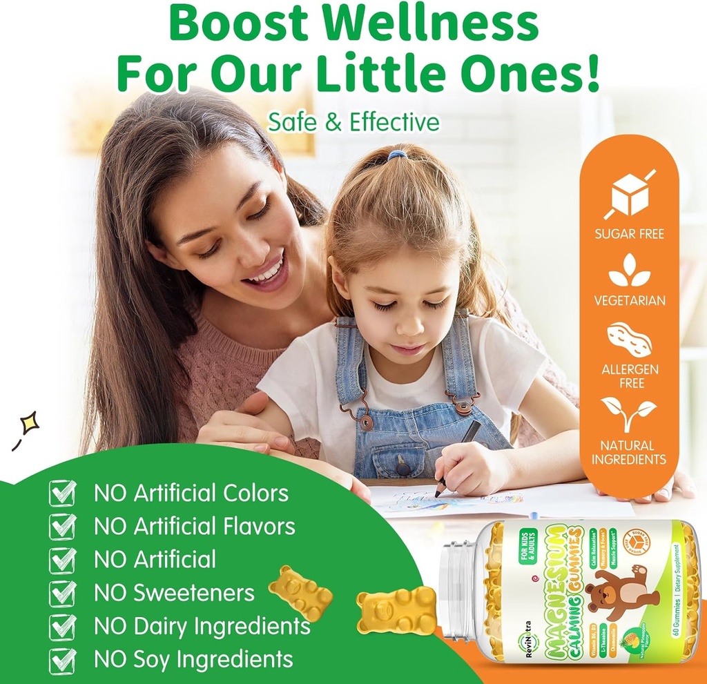 Magnesium Gummies for Kids - Magnesium Glycinate Gummies Supplement with L-Theanine, Vitamin B6, D3 for Adults & Kids, Calm Magnesium for Sleep, Relaxation, Brain, Bones,Sugar Free Pineapple 60ct 6