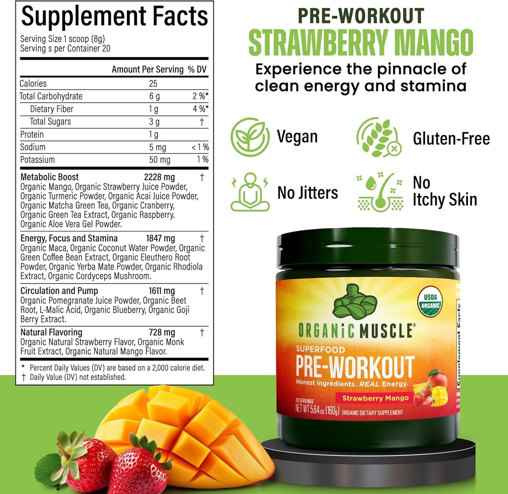USDA Organic Pre-Workout Powder, Strawberry Mango | Clean Energy Without Jitters | Natural Performance Boost | No Artificial Sweeteners | 20 Superfoods | Low Caffeine, 20 Servings 6