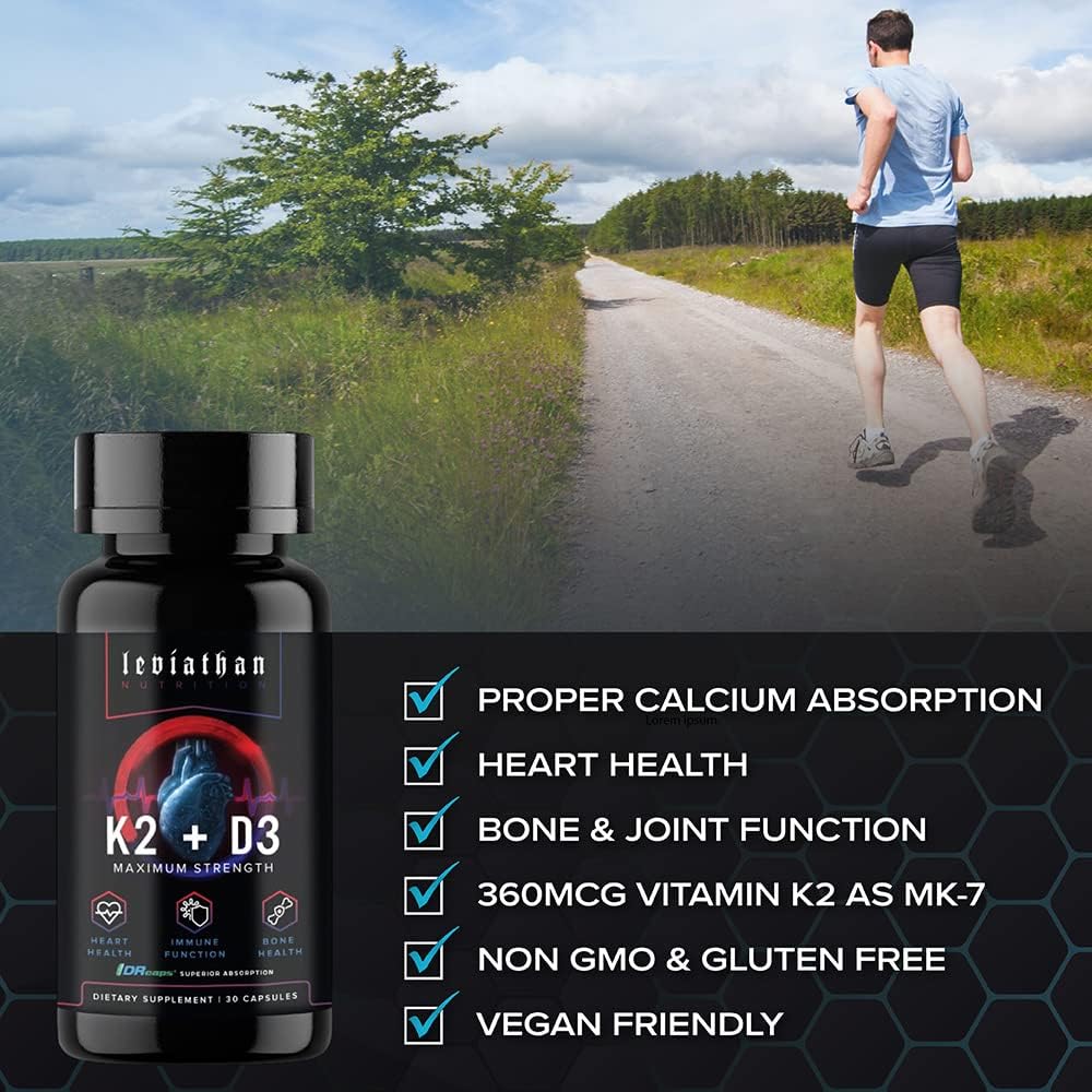 Leviathan Nutrition Vitamin D3 K2 2 in 1 Formula | 360mcg Vitamin K2 (MK7) + Vitamin D3 5000 IU Vegan Organic Extra Strength Vitamin Supplements - Support Heart, Teeth, Joint, and Bone Health 3