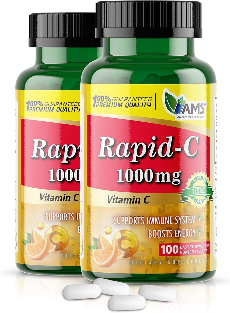 America Medic & Science Rapid-C 1000mg Vitamin C Supplement (2 Pack of 100 Tablets) Energy Booster, Daily Immune System Support, Antioxidant | Vegan, Non-GMO Coated Ascorbic Acid for Adult Men & Women 2