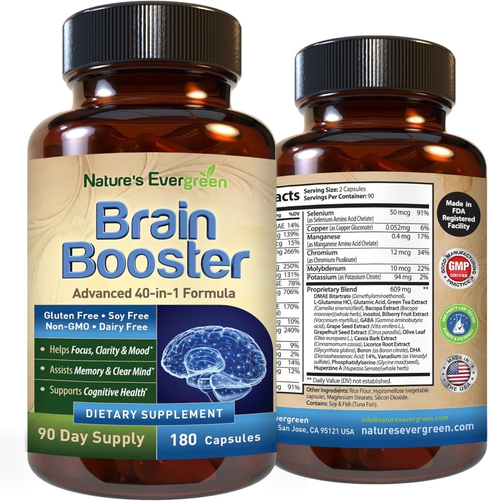 Brain Booster 40-in-1 Formula Supplement for Focus, Memory, Clarity, Energy | for Men & Women, Cognitive Function Nootropic Support with DMAE, Brain Health Formula | (180 Capsules - 90 Day Supply) 2