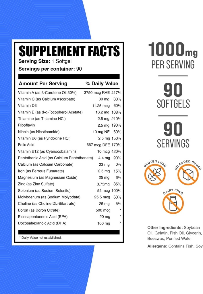 BulkSupplements.com Multivitamin Softgels - Daily Multivitamin, Multimineral Supplement, for Adults with Fish Oil - Gluten Free, 1 Softgel per Serving, 90 Count (Pack of 1) 3
