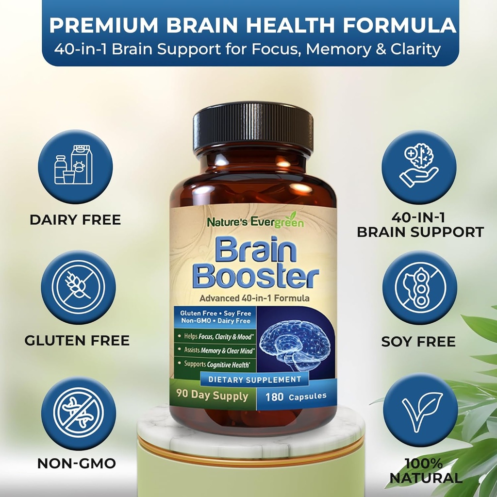 Brain Booster 40-in-1 Formula Supplement for Focus, Memory, Clarity, Energy | for Men & Women, Cognitive Function Nootropic Support with DMAE, Brain Health Formula | (180 Capsules - 90 Day Supply) 5