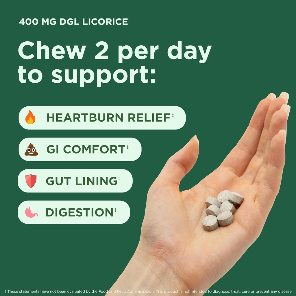 Chewable Ultra-Pure DGL Licorice Tablets 4000 mg – Stomach, Gut & Intestinal Relief – Natural Acid Reflux Formula – 10:1 Deglycyrrhizinated Licorice Root Extract – 120 Chewables 3
