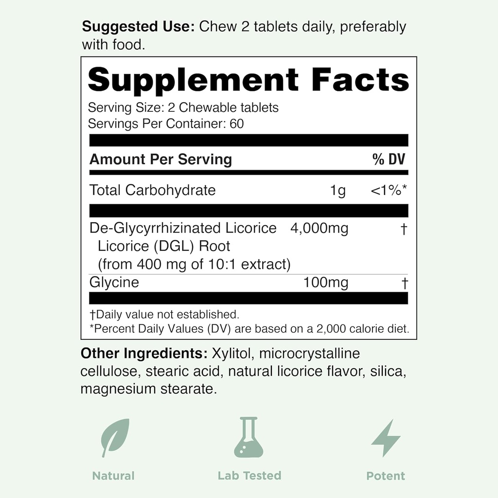 Chewable Ultra-Pure DGL Licorice Tablets 4000 mg – Stomach, Gut & Intestinal Relief – Natural Acid Reflux Formula – 10:1 Deglycyrrhizinated Licorice Root Extract – 120 Chewables 6