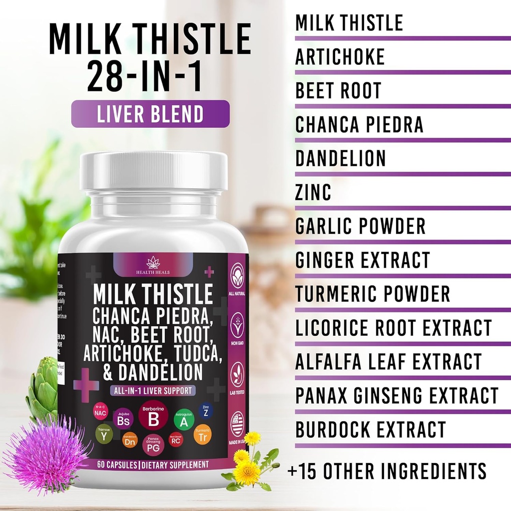 Milk Thistle NAC Chanca Piedra Beet Root Artichoke Dandelion Root - Liver Supplement Plus Astragalus TUDCA Choline & Ginger- 120 Count 4