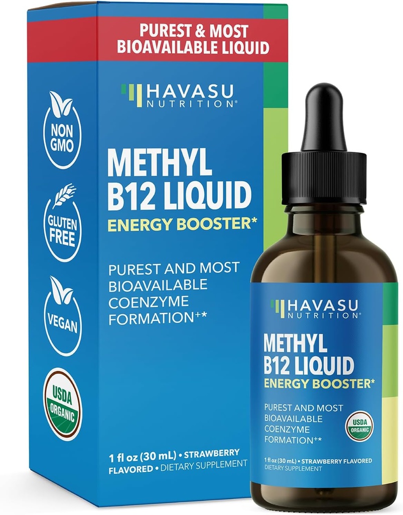 USDA Organic Vitamin B12 Liquid Drops - Methylcobalamin for Enhanced Energy and Nervous System Support - 30 Servings - Highly Bioavailable for Absorption - Non-GMO, Vegan, Strawberry Flavor, 1 Fl Oz 2
