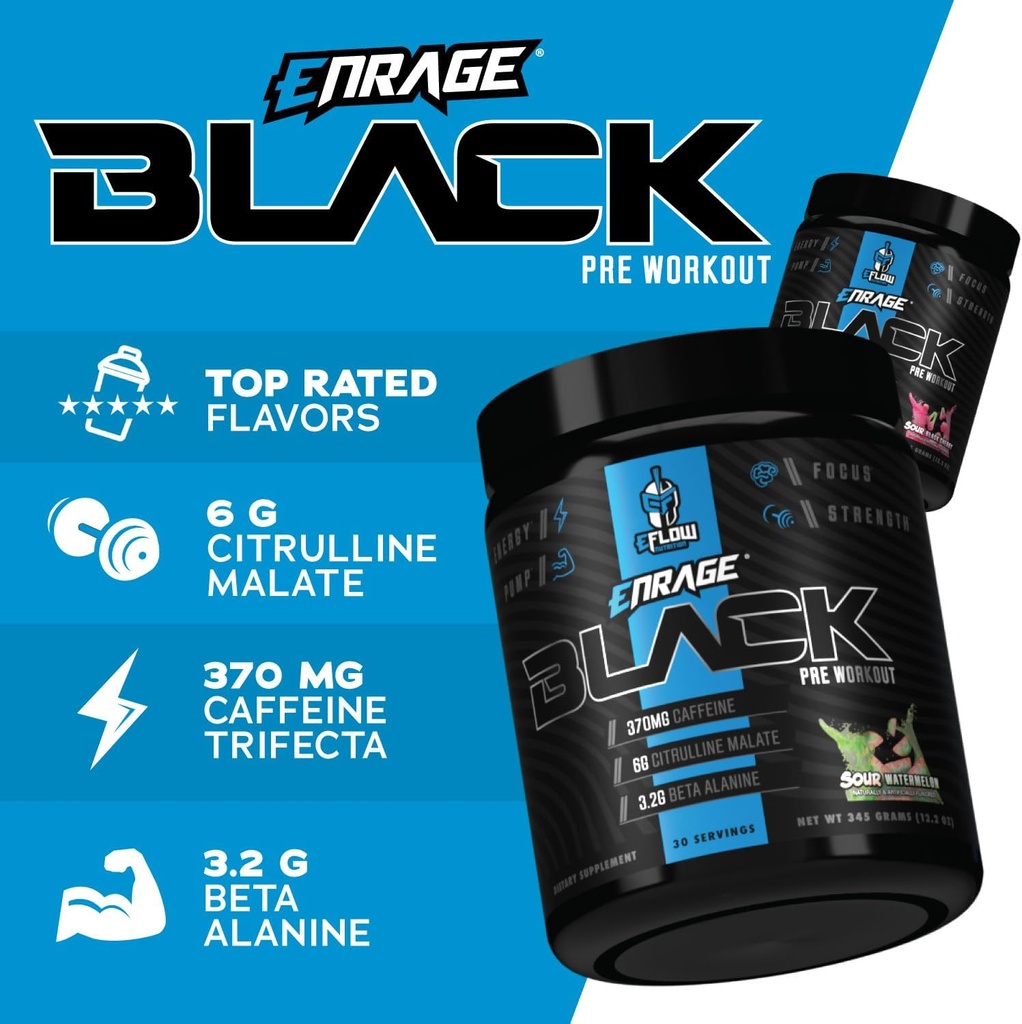 eFlow Nutrition Enrage Black High Stimulant Pre Workout Supplement - Preworkout Powder to Boost Energy, Pumps and Strength - 4 Flavors (30 Servings) (Sour Watermelon) 4