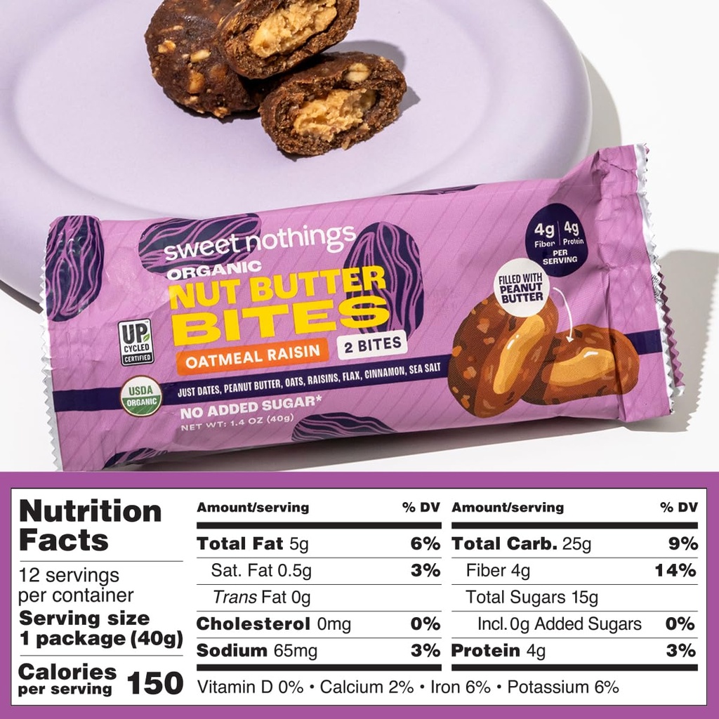 Sweet Nothings, Variety Pack: Chocolate, Apple Cinnamon, and Oatmeal Raisin, USDA Organic Nut Butter Bites Protein 6-2 Bite Value Packs (2 of each flavor) - No Added Sugar 5