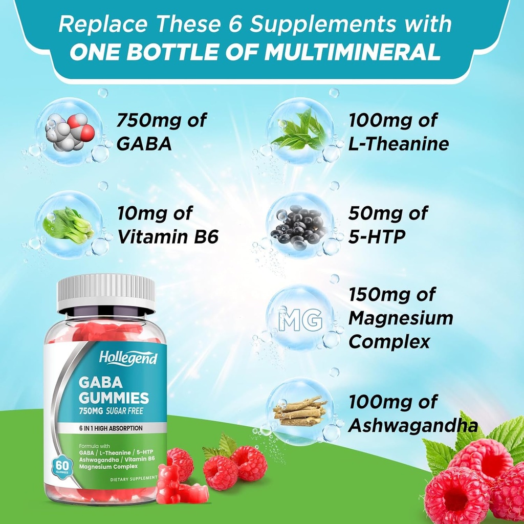 GABA Gummies, Sugar-Free Stress Relief Gummies for Adults, High-Potency GABA L-theanine Supplement with Magnesium, Ashwagandha, 5-HTP & Vitamin B6 for Zzz & Brain Health, Vegan, 60 4