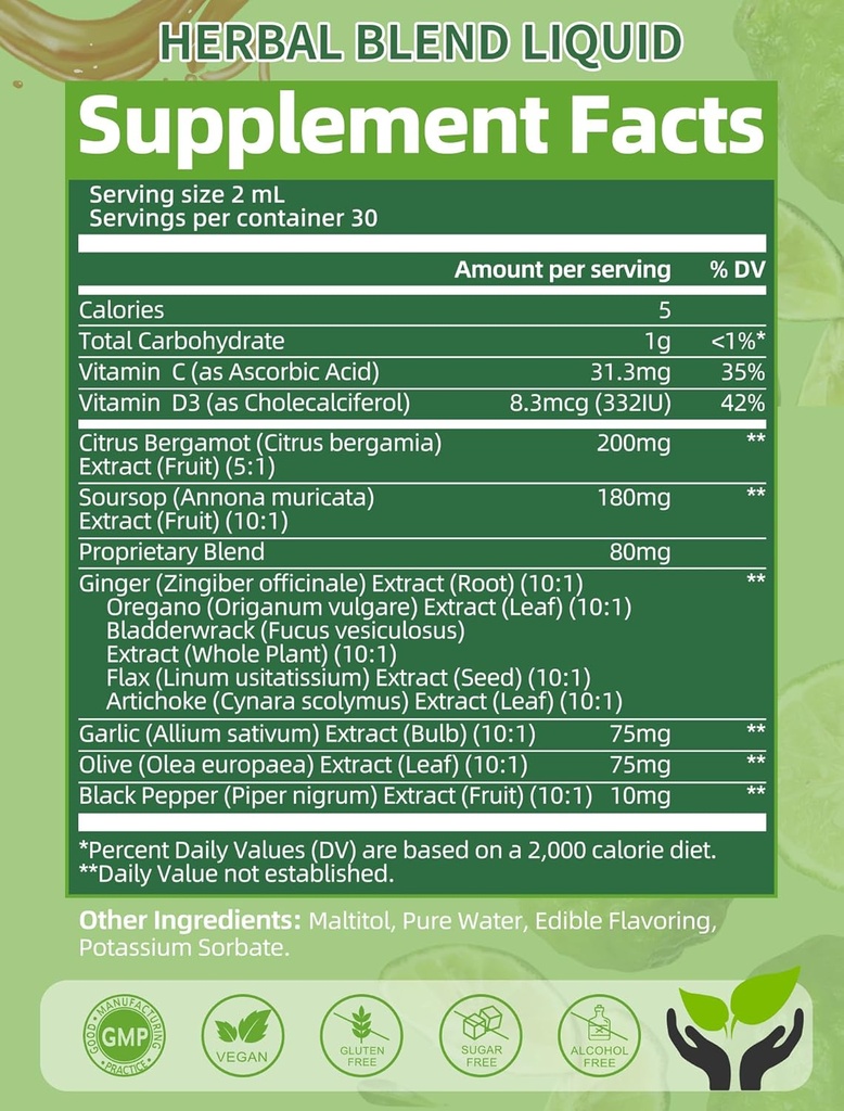 Citrus Bergamot Liquid Drops - Natural Supplement with Soursop, Red Yeast Rice, Garlic, Olive Leaf, Black Pepper - High Absorption - Support Overall Wellness* - Soursop Bitters Liquid, 2 Fl Oz 3