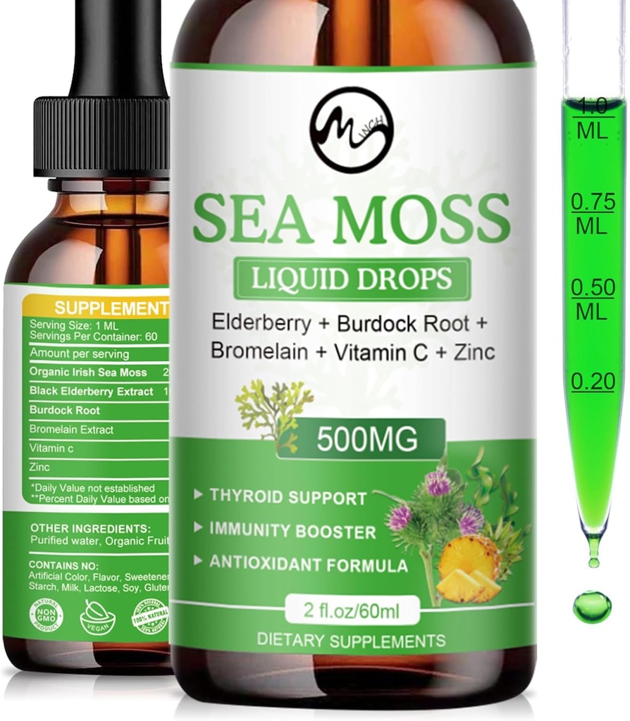 Sea Moss Liquid Drops - Irish Sea Moss 2000mg with Elderberry, Burdock Root, Bromelain, Vitamin C and Zinc - 98 Essential Minerals Seamoss Supplement for Immune, Joint, Digestion, Aging Support - 2oz 2
