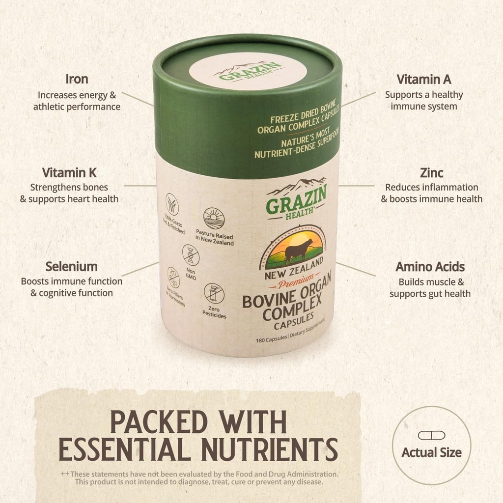 Grass Fed Bovine Organ Complex: Liver, Spleen, Kidney, Heart, Pancreas (600 Mg per Organ per Capsule), 3000 Mg per Serving (30 Servings) 5