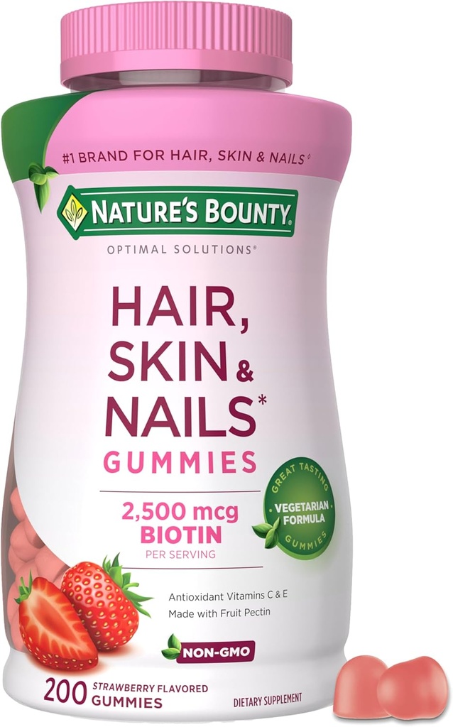 Nature's Bounty Optimal Solutions Hair, Skin and Nails Pectin Gummies, 2500 mcg Biotin Per Serving, No Stick Gummy, Vegetarian Formula, Strawberry Flavor, 200 count, 100 Total Servings 2