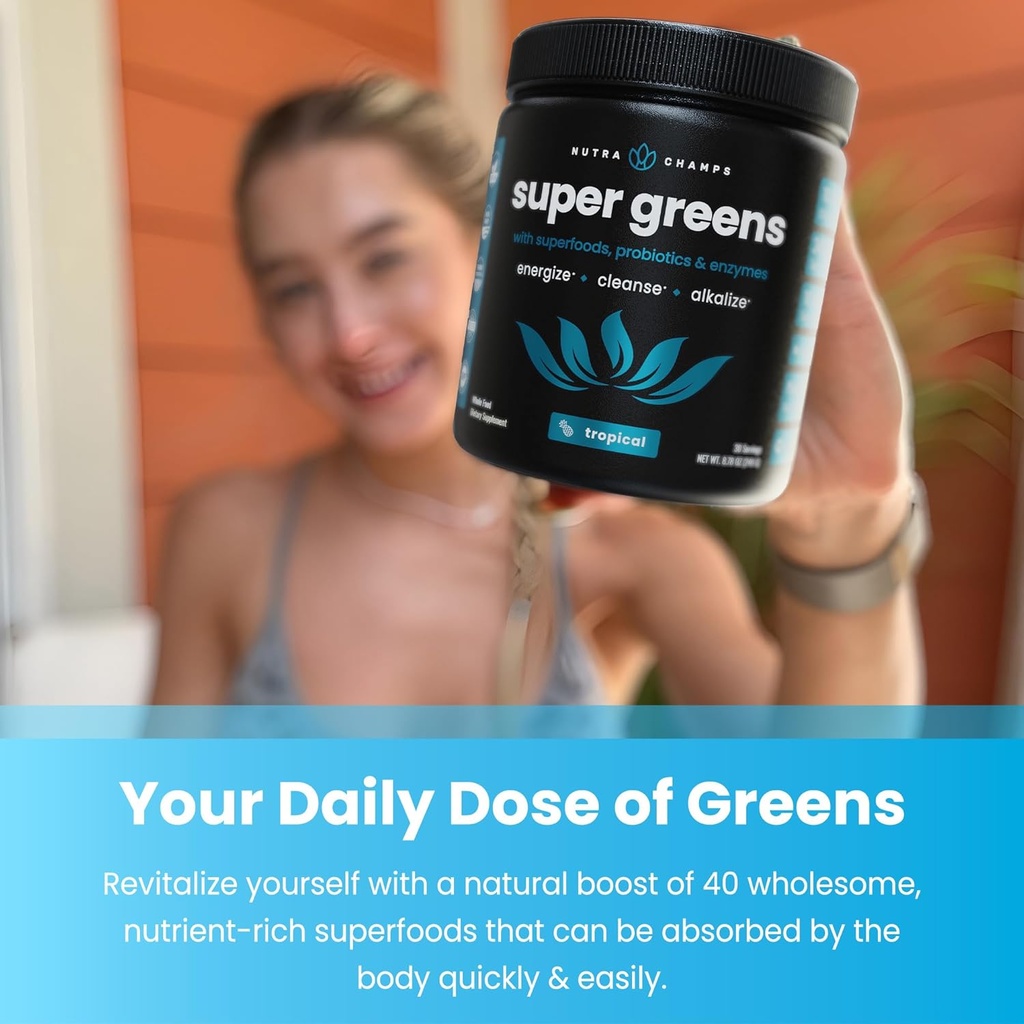 NutraChamps Super Greens Powder Premium Superfood | 20+ Organic Green Veggie Whole Foods | Wheat Grass, Spirulina, Chlorella | Antioxidant, Digestive Enzyme & Probiotic Blends (9.1 OZ, Tropical) 3