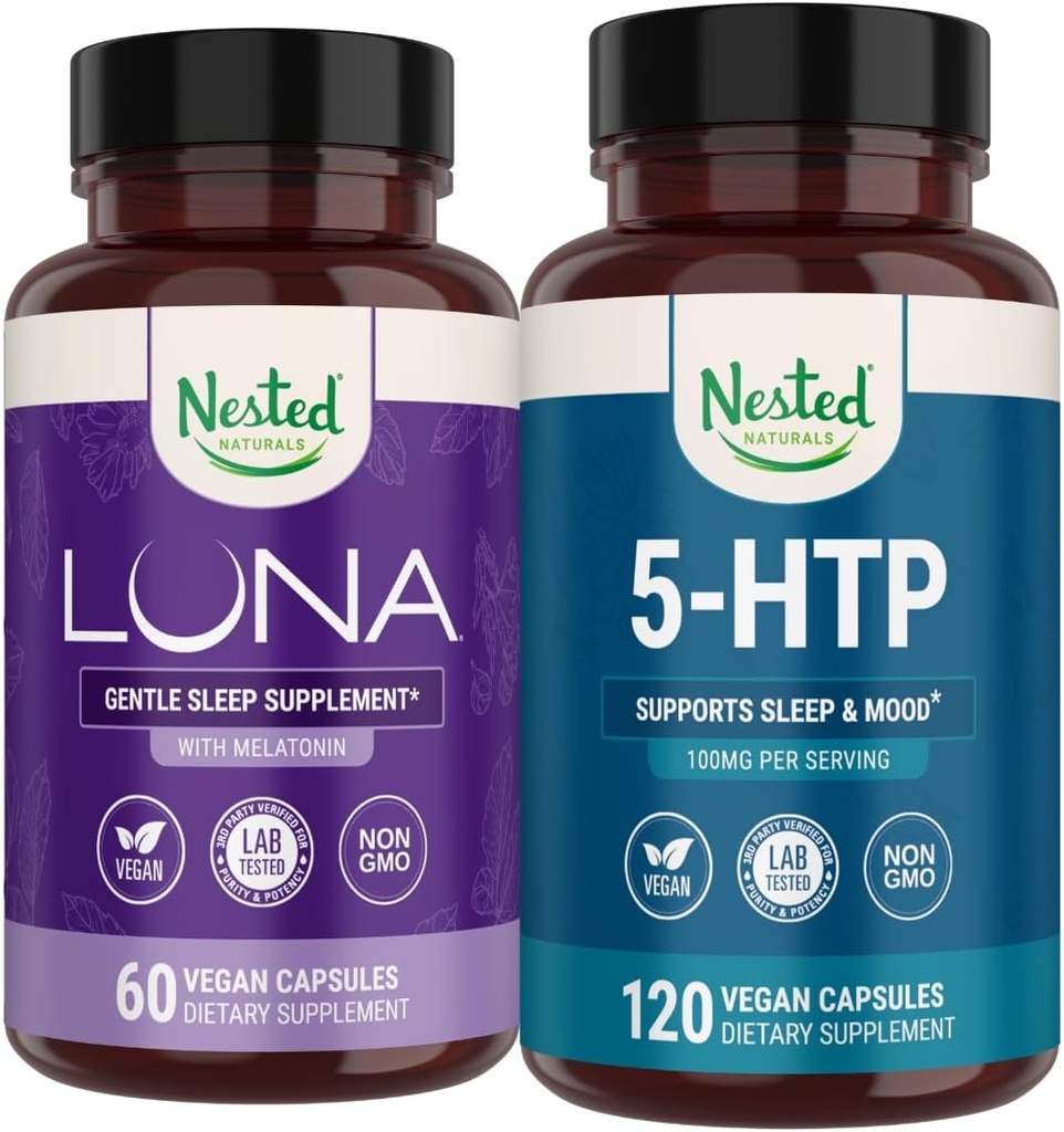 Nested Naturals Luna Sleep Supplement (60 Vegan Capsules) & 5-HTP 100mg (120 Vegan Capsules) for Improved Sleep, Relaxation & Mood 2