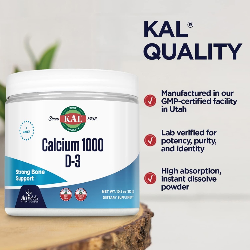 KAL Calcium Vitamin D-3 ActivMix, Powder Calcium Supplement, Bioavailable Calcium Lactate and Gluconate, Bone Health Support, Unflavored, Non-GMO, Gluten Free, 60-Day Guarantee, 31 Servings, 10.9 oz 5