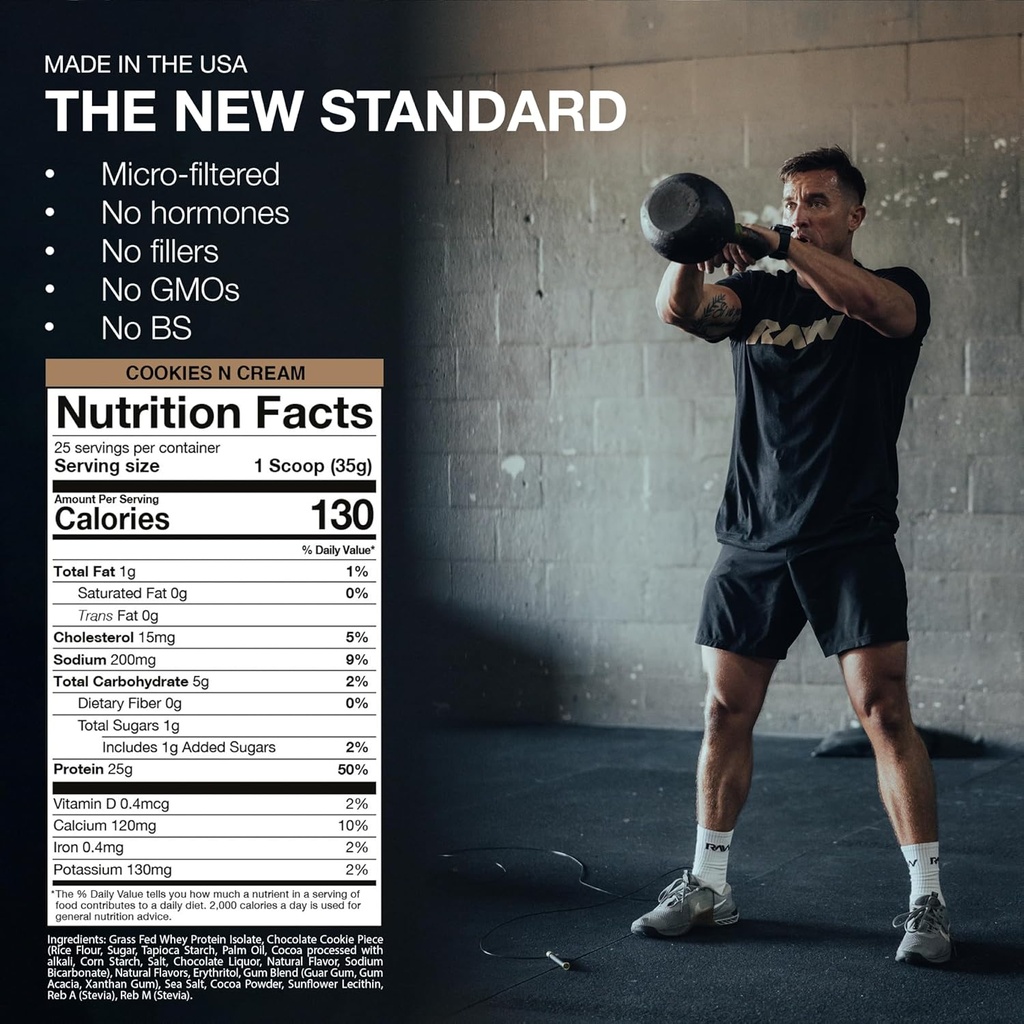 RAW Whey Isolate Protein Powder, Cookies N Cream - 100% Grass-Fed Sports Nutrition Protein Powder for Muscle Growth & Recovery - Low-Fat, Low Carb, Naturally Flavored & Sweetened - 25 Servings 6