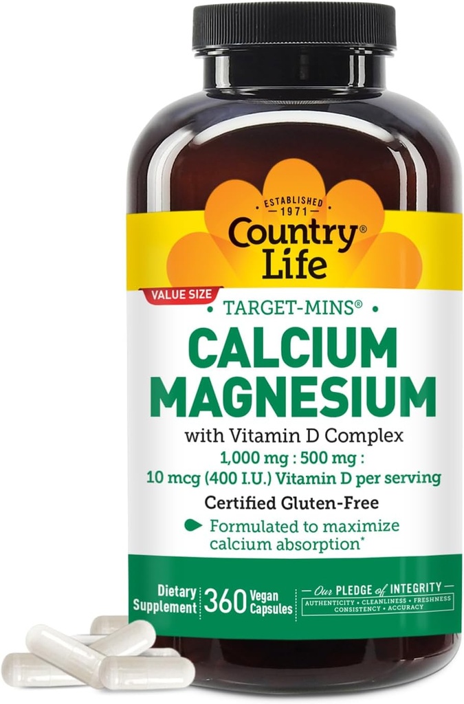 Country Life Target-Mins Calcium Magnesium with Vitamin D-Complex, 1000mg/500mg/10mcg, 360 Vegan Capsules, Certified Gluten Free, Certified Vegan, Verified Non-GMO Verified… 2