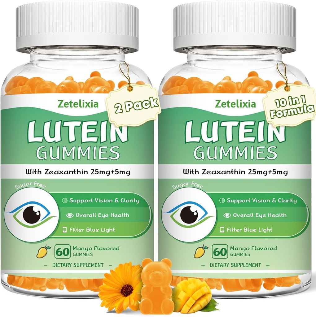 2 Pack Lutein Gummies 25mg, Sugar Free Lutein Zeaxanthin Supplements Gummies, Eye Health Supplement for Adults, Eye Vitamins Lutein for Vision and Blue Light Protection, Mango Flavor, 120 Count 2