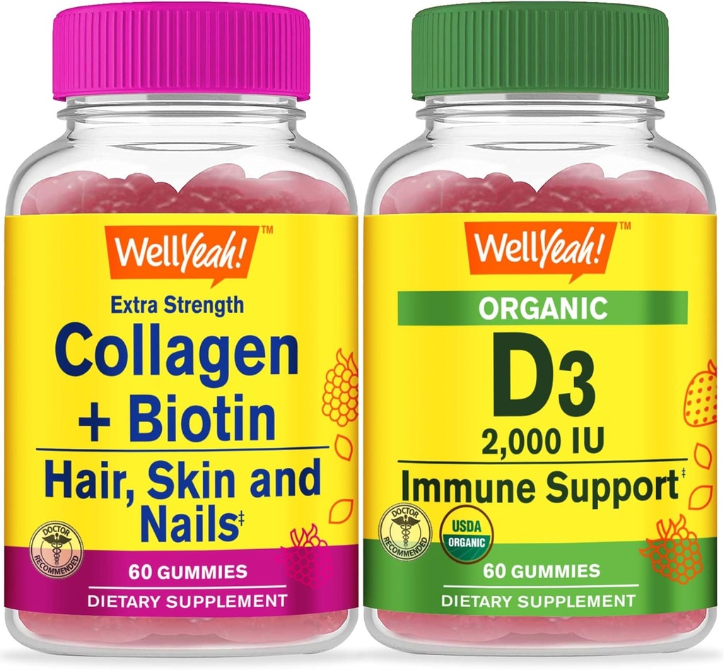 WellYeah Collagen+Biotin + Organic Vitamin D3, Gummies Bundle - Great Tasting, Vitamin Supplement, Gluten Free, GMO Free, Chewable Gummy 2