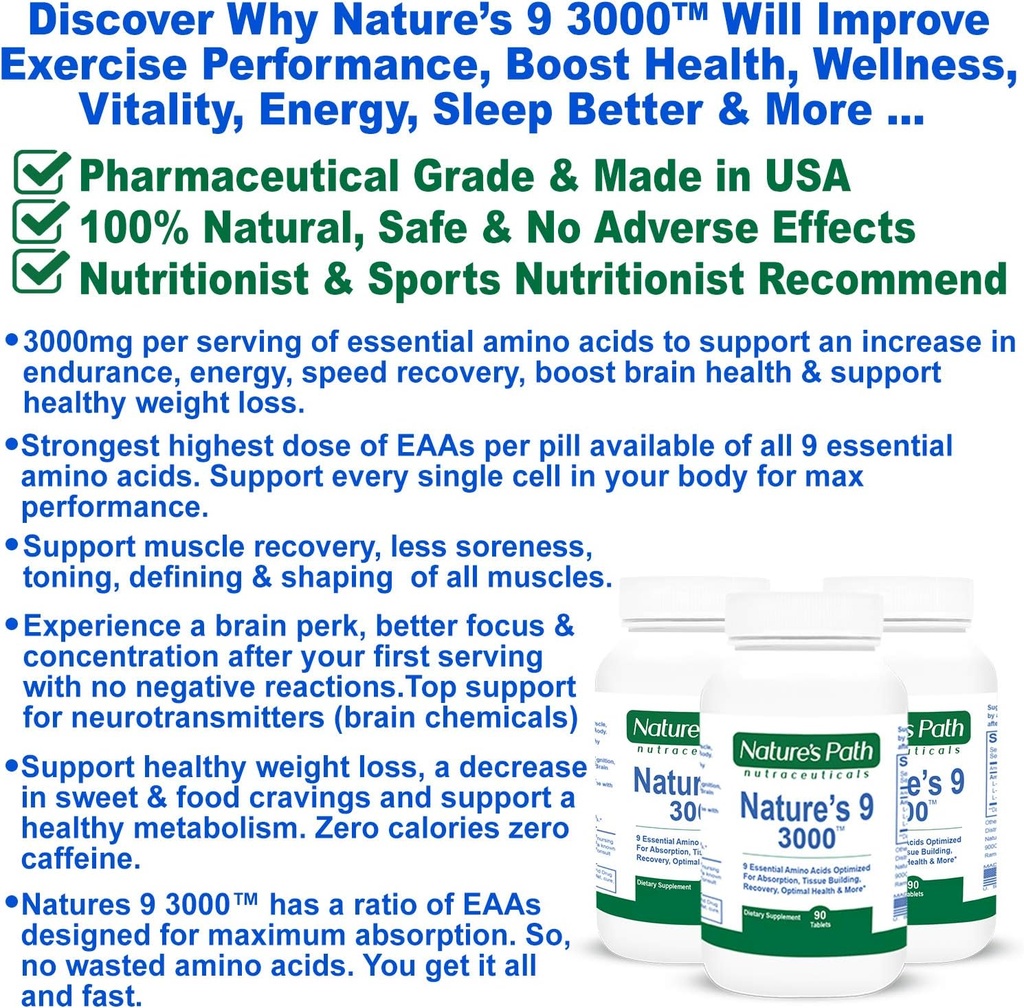Nature's 9 3000 Essential Amino Acids Supplement, Best EAA Amino Acid Complex All 9 Essential Amino Acid Pills, Vegan Aminos 90 Pill 1 Gram Per Tablet 3
