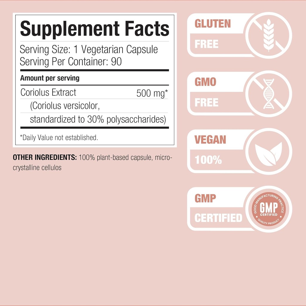 Nature Restore Coriolus Versicolor Mushroom Extract Supplement, 30 Percent Polysaccharides, Non GMO, Gluten Free, 90 Capsules, Original Turkey Tail Mushroom Supplement 3