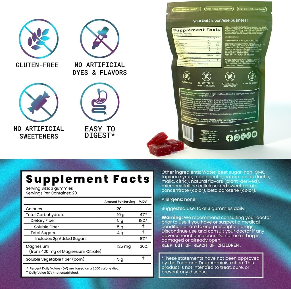 Fiber and Magnesium Gummies, Supports Digestive Health, Relieves Constipation, Helps Prevent Hemorrhoids, Has Both Soluble and Insoluble Fiber, Made in USA, 60 ct (3) 3