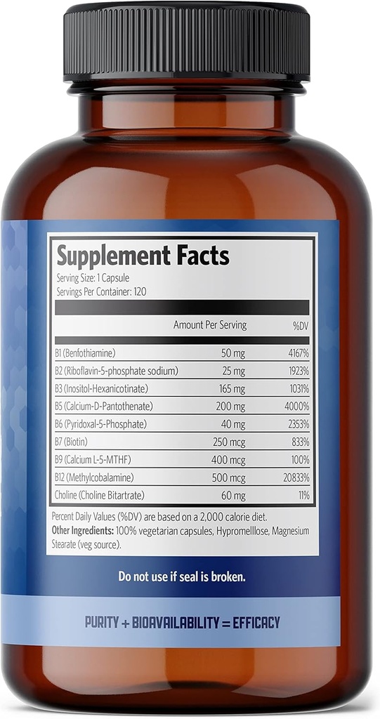 Pure Lab Vitamins Bioactive B Complex - 120 Vegan Caps Slow Release Formula (B1, B2, B3, B5, B6, B7, B9, B12) - 60 Days Supply, Gluten & Sugar Free Made in Canada 3