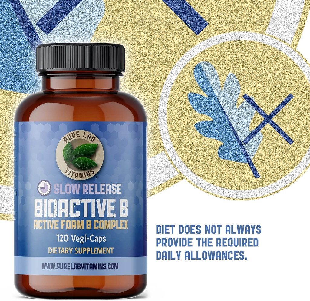 Pure Lab Vitamins Bioactive B Complex - 120 Vegan Caps Slow Release Formula (B1, B2, B3, B5, B6, B7, B9, B12) - 60 Days Supply, Gluten & Sugar Free Made in Canada 6