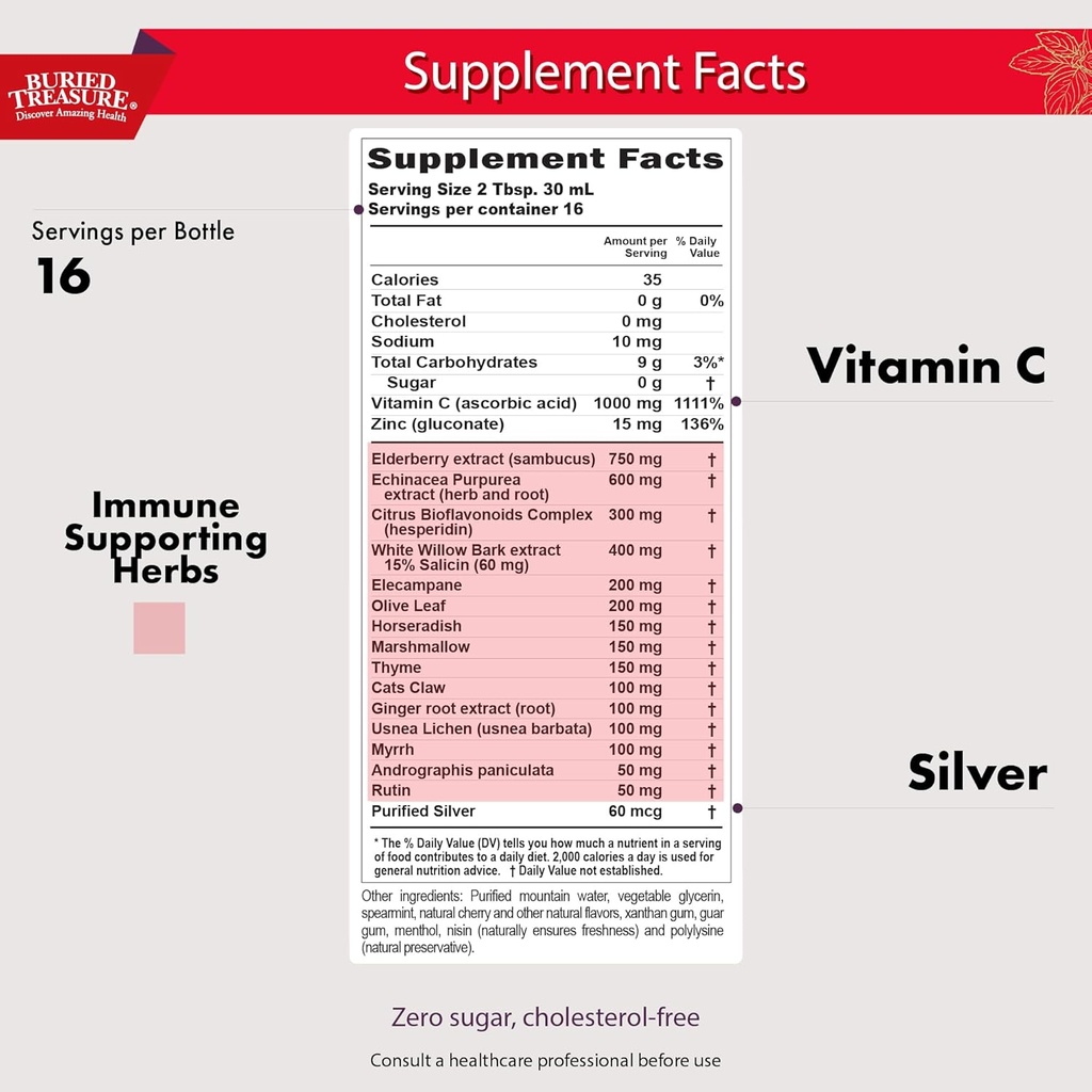 Buried Treasure ACF Extra Strength Immune Support - 16 oz, 16 Servings, Liquid Dietary Immunity Boost w/ Elderberry, Vitamin C & Zinc, Herbal Formula 3