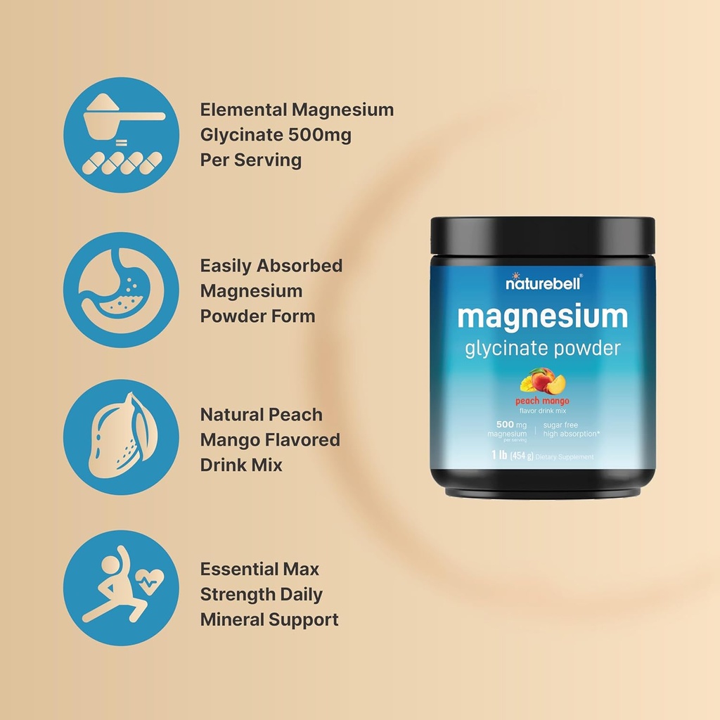 NatureBell Magnesium Glycinate Powder 500mg, 1lb (16oz) | 100% Chelated for High Absorption | Peach Mango Flavor | Supports Muscle, Bone & Heart Health | Sugar-Free, Bitterless, Non-GMO, Vegan 4