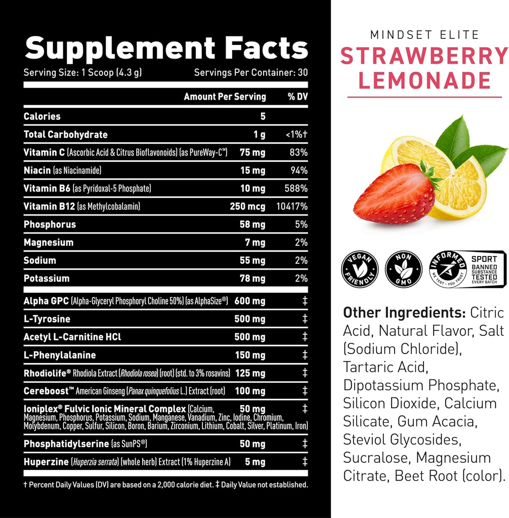 Kaged Nootropic Mindset Elite, Focus and Productivity Supplement, Organic Caffeine, Supports Working Memory, Focus, Energy, and Mood*, Strawberry Lemonade - 30 Servings 6