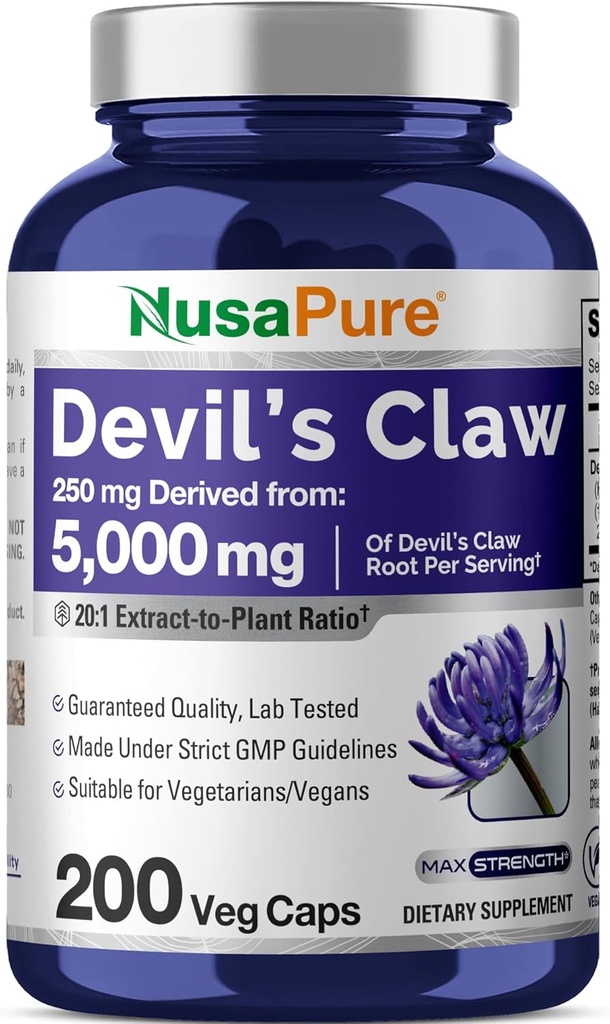 NusaPure Devil's Claw 20:1 Extract, 250 mg Equivalent to 5000mg, 200 Veggie Capsules, Concentrated Root Extract, Devils Claw Herbal Supplement, Non-GMO, Vegan Supplement 2