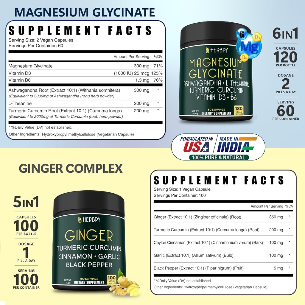 Bundle 6in1 Magnesium Glycinate Supplement & 5in1 Ginger Supplement 5